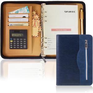 SAYEEC A5 Multifunctional Zippered Notebook Travel Notebook Business 6Ring Binder Meeting Folder Loose leaf Notepad with Calculator Pen Holder for Men Women (blue)
