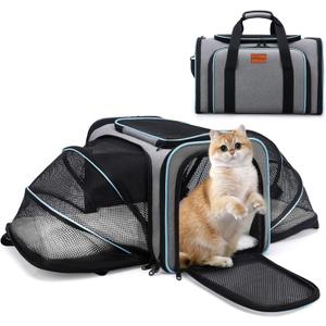 Expandable Airline Approved Pet Carrier, Soft-Sided Travel Bag for Small Cats Dogs with Hard Shell Base, Removable Fleece Pad, Ventilated Mesh, Gray (Blue Trim)