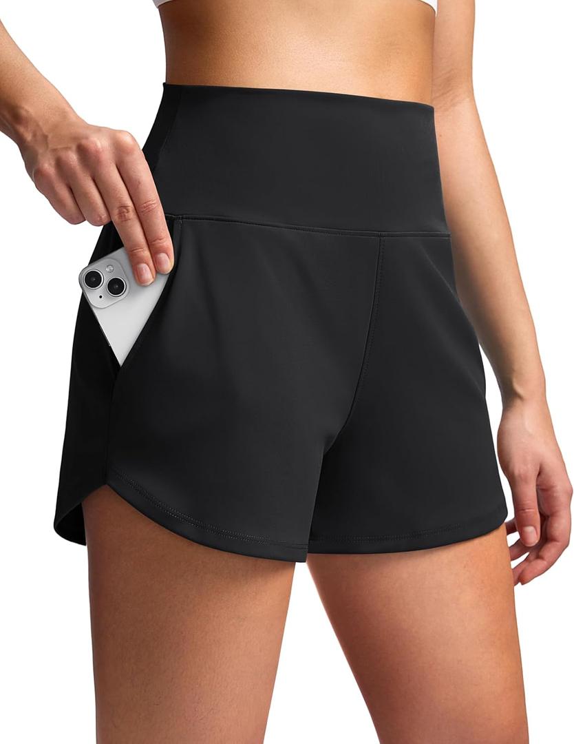 Soothfeel High Waisted Athletic Running Shorts for Women 3.5"/5" Tummy Control Comfy Workout Gym Hiking Shorts with Pockets (Black, S)