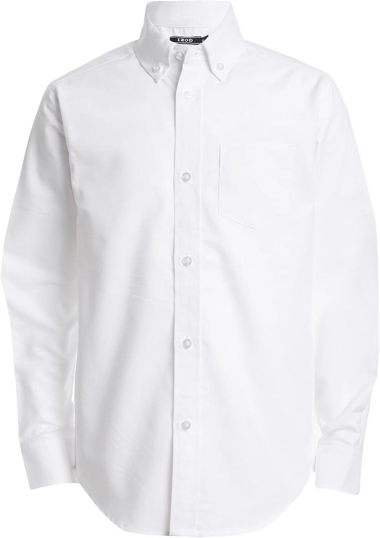 IZOD Boys' Long Sleeve Solid Button-Down Collared Oxford Shirt with Chest Pocket (White, 8)