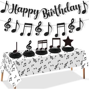 Music Party Decorations Black Musical Note Happy Birthday Bunting Banner Notes Tablecloth and 5Pcs Table Honeycomb Centerpieces Decor for Girls Kids Adults Music Themed Birthday Wedding Party Supplies