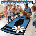 Teenyyou 2'11''*6'11' Blue Crayon Rug for Classroom Blue Crayon Rug with Daisy Large Educational Area Carpet Floor Mat for Classroom Non Slip School Floor Cushions for Teaching School Learning Areas