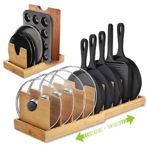 Pots and Pans Organizer for under Cabinet - Expandable Bamboo Pot Lid Organizer, Bakeware and Cutting Board Organizers, Drawer Pot Lid Holder Rack for Kitchen Organizers and Storage
