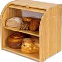 FoverOne Bamboo Bread Box for Kitchen Countertop, Roll-top Breadbox Breads Storage Boxe with Adjustable Middle Shelf