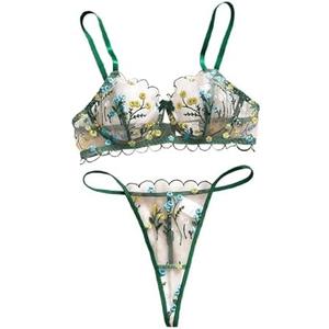 Two Piece Lace Panty and Bralette for Women Sexy Floral Embroidery Mesh Sheer Bra and Thong Lingerie Set Sleepwear Green XL