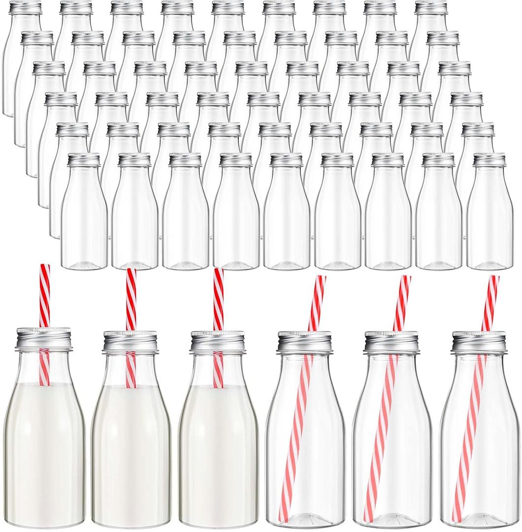 Yinkin 60 Sets Plastic Milk Bottles with Straws Bulk Reusable Beverage Containers for Birthday Baby Shower Party with Metal Lids Straws for Milk Juice Smoothies (8 oz,Red,White)