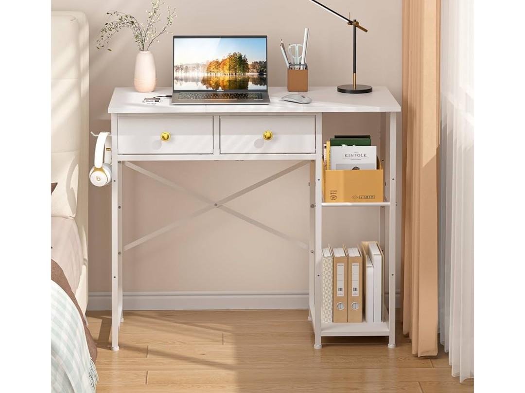 White Computer Desk, 36 Inch Small Desk with Drawers, Home Office Desk with Storage Shelves for Bedroom, Living Room, Dorm, Vanity Desk for Small Spaces, White