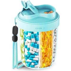 Large Pill Dispenser to Store 7 Various Supplements - Pill Organizer & Supplement Organizer for Travel, Anti-Mixing Design, BPA-Free with Strap & 20 Sticky Labels (Blue)