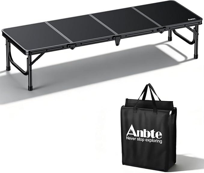 Anbte 4ft Low Folding Picnic Table, Thicker Aluminum Small Camping Table with Storage Bag, Portable Handle, Lightweight, for Camping Beach Party Picnic Floor, 45.67" x 15.7" x 10.3", Black