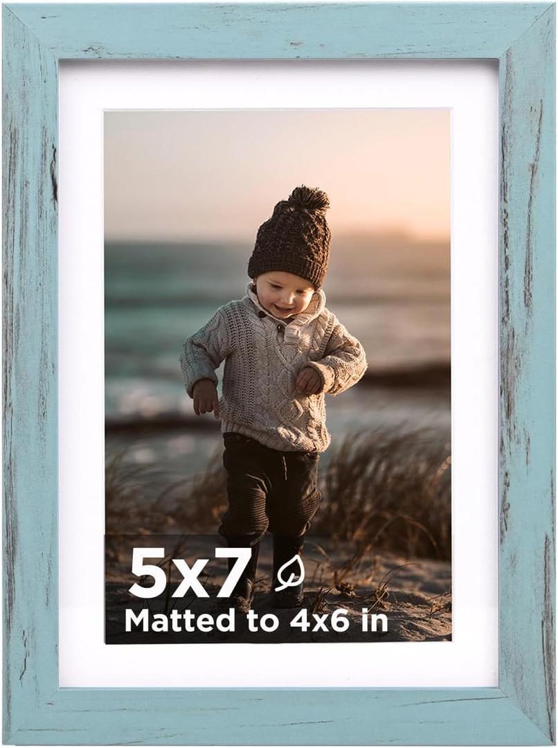 KINLINK 5x7 Picture Frame Turmaline Blue, Wooden Photo Frame Matted 4x6 with Plexiglass for 4x6 with Mat or 5x7 without Mat for Table and Wall Display