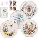 Santune 4 Pack Embroidery Kit for Beginners, Needlepoint Cross Stitch Kits for Adults, Needle Point Sets with Bee Flower Pattern Stitch Video Tutorial