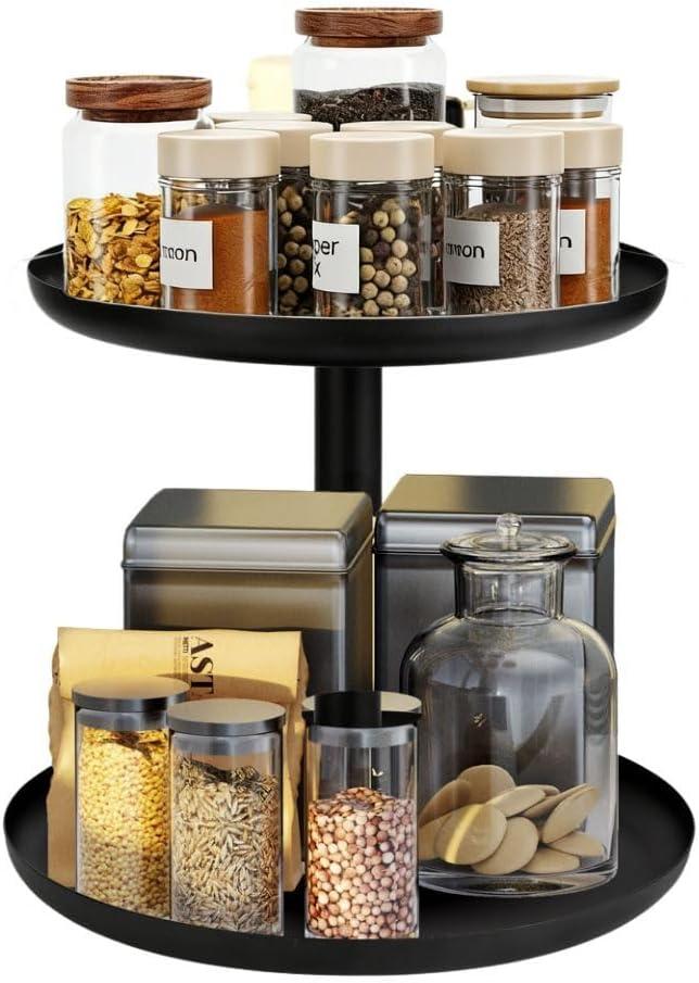 IBERG 2 Tier Metal Lazy Susan Organizer, 9 & 11, Rotating Spice Organizer for Kitchen, Pantry & Countertop (Black)