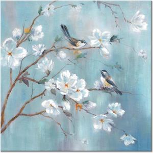 White Floral Canvas Artwork Wall: Elegant Flower Tree and Birds Wall Art Painting for Living Room (12'' x 12'' x 1 Panel)