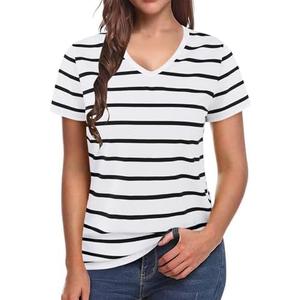 LilyCoco Womens Striped T Shirt V Neck Casual Summer Short Sleeve Top White X-Large