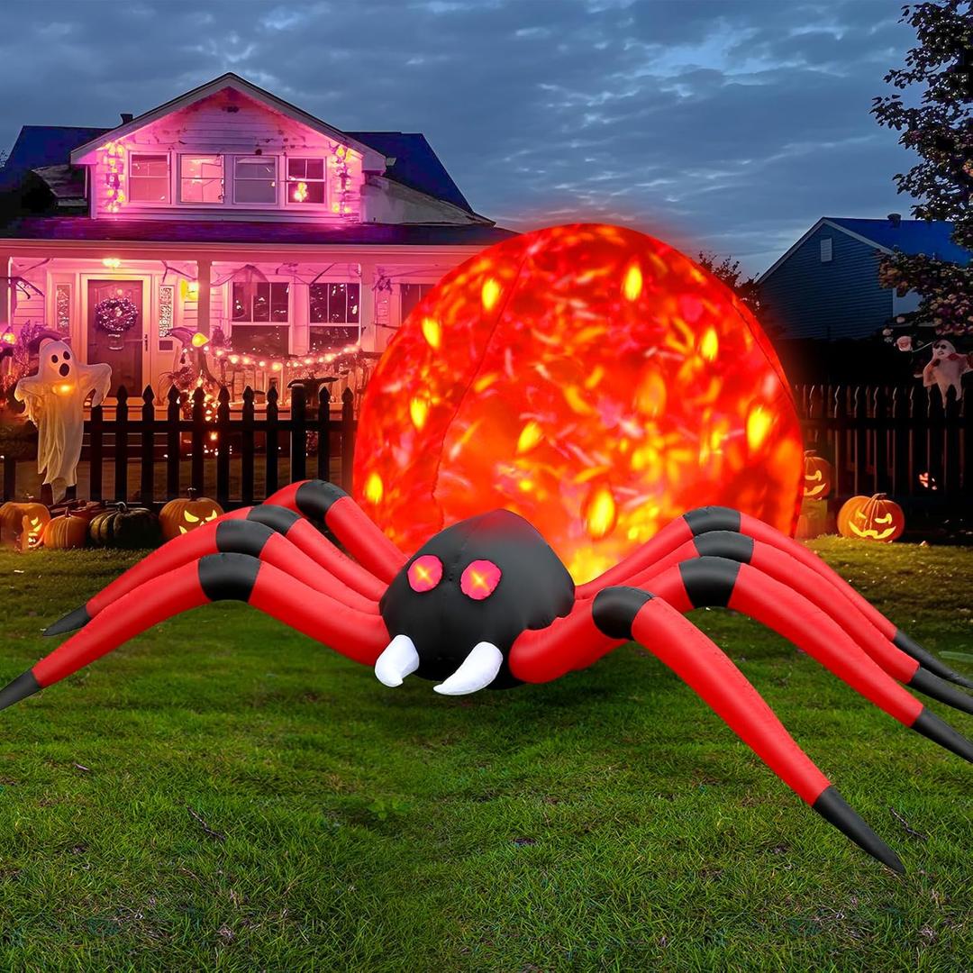 FunFanso 12FT Halloween Inflatable Spider Outdoor Decorations for Yard, Giant Blow up Halloween Holiday Decorations with Rotating Flame LED Lights, Large Red Spider for Garden Party Lawn Roof Porch