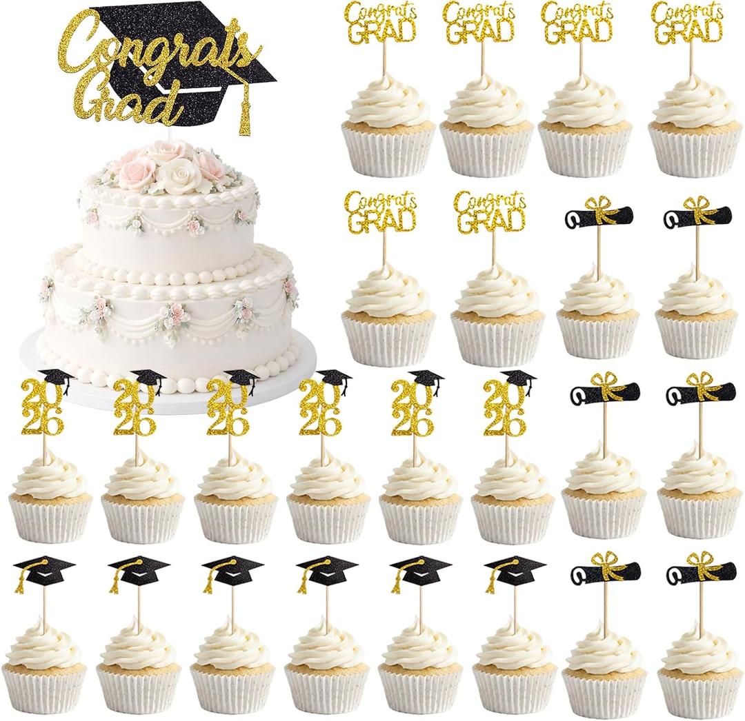 2026 Graduation Cupcake Toppers, 24+1 PCS Class of 2026 Cake Topper, Sparkling Black and Gold Grad Cap Diploma Picks for Graduation Party Decorations, Standard