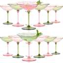12 Pcs Plastic Martini Glasses 7oz Flower Disposable Cocktail Coupe Glasses Pink and Green Martini Cup Vintage Detachable Dessert Parfait Glassware for Wedding Birthday Bachelorette Party