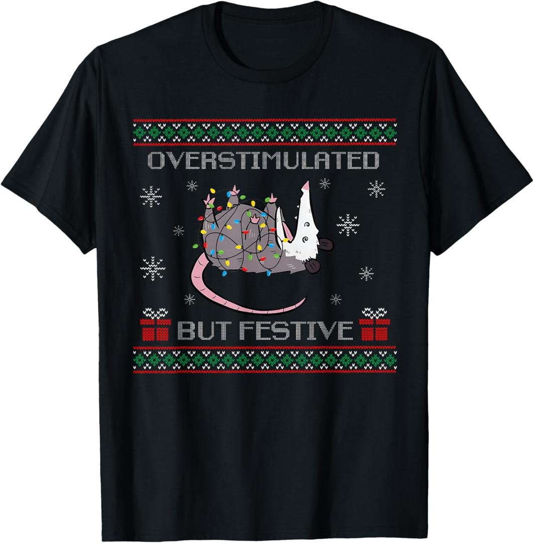 Overstimulated But Festive Possum Christmas Ugly Xmas Pajama T-Shirt, Small