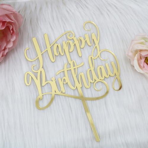 Ruscalin Gold Mirror acrylic Happy Birthday Cake Topper,for Anniversary/Birthday/Bridal Shower，Party Decoration Supplies