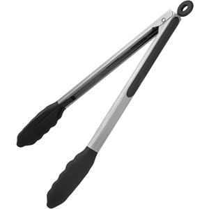 600F Heat Resistant Kitchen Tongs: U-Taste 12 inch Large Silicone Cooking Tong with Sturdy Non Stick Rubber Tips & Silicon Coated 18/8 Stainless Steel Handle & Smooth Locking for Serving Grill(Black)