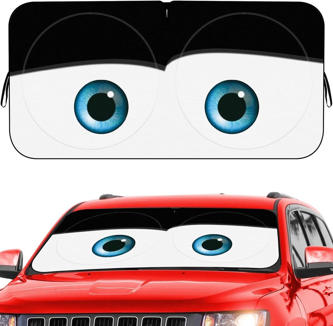 Funny Eyes Windshield Sun Shade for Car, 59 x 27.5in with Black Classic Designed, Foldable Front Window Sunshade for Sedan Compact Car Hatchback Small SUV, UV Heat Protection