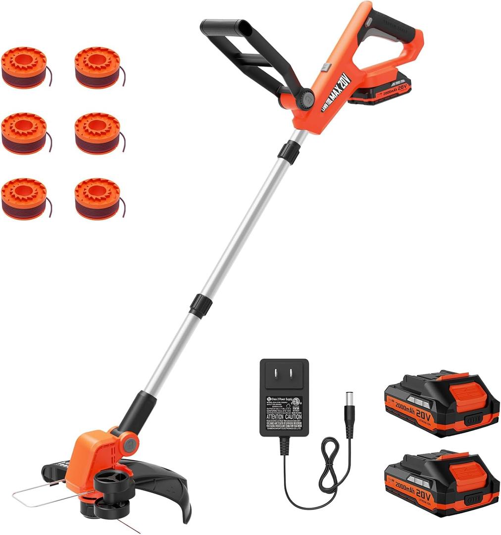 VARSK 20V String Trimmer Cordless, 12 Inch 2 in 1 Trimmer and Edger, Automatic Line Feed, Includes 2 X 2.0Ah Batteries/1 X Fast Charger/6 X Spare Spools, for Lawn, Garden, etc (Light Orange)