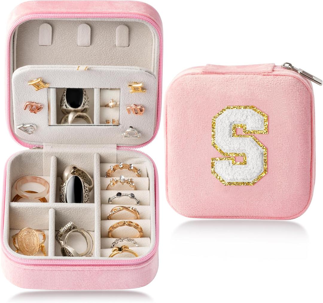 CY2SIDE Letter Velvet Travel Jewelry Case for Women - Pink Organizer for Ring, Earring, Necklace, Bracelet, Pendant - Vacation Gift for Lovers (Letter S)