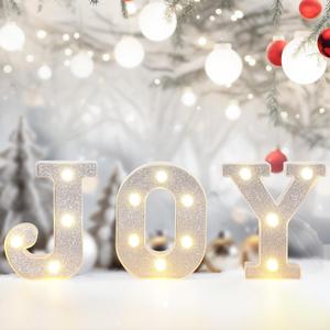 3 Pcs Christmas Joy LED Letter Lights Neon Letters Joy Sign Glitter Alphabet Sign Decorative Marquee Letter Battery Powered Light Decor for Xmas Party Home Wedding, J, O, Y (Silver)