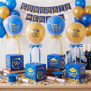 Seenelling 4 Sets Graduation Centerpieces for Tables Tulle Tutu Balloons with Foil Box Navy Blue and Gold Graduation Party Decorations Grad Balloon Stand for College High School