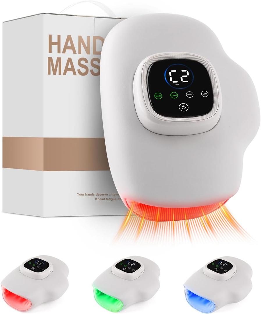Cordless Hand Massager with Heat and Compression, Red Light Therapy for Hand and Wrists, 4-Layer Airbags, 3 Modes & Intensities, 3 Color Light, Rechargeable 4000mAh, LCD Display for Home Use