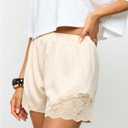 Milumia Women's Lace Trim Satin Mini Shorts Elastic High Waist Loose Casual Lounge Shorts (Medium, Beige)