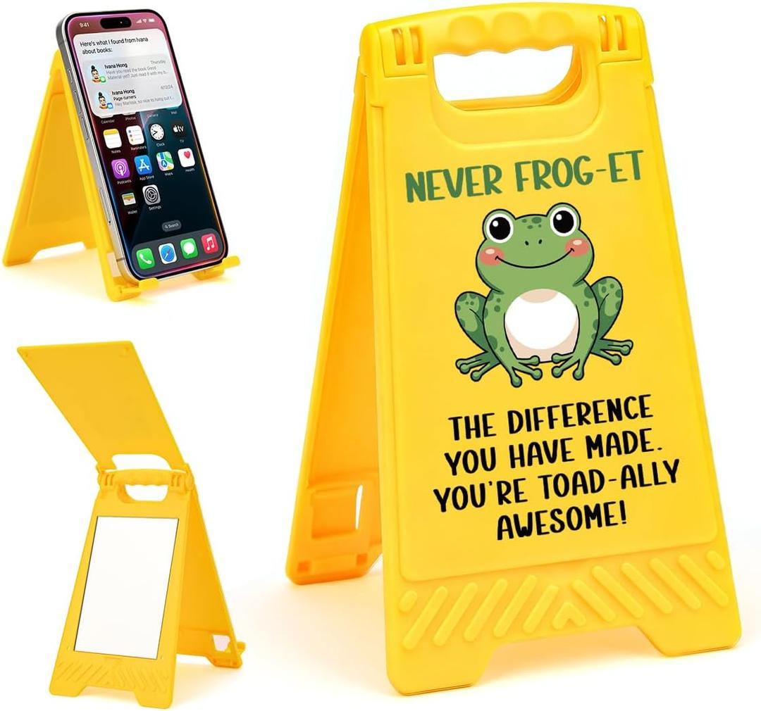 Funny Office Humorous Sarcastic Never Frog-Et Desk Sign Yellow Warning Style Table Decor Humor Gift for Coworkers Friends Home Office Tabletop Cubicle Phone Holder Mirror Stand