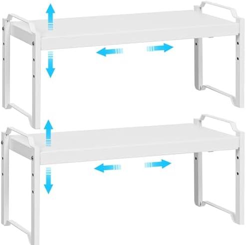2 Pack Stackable Expandable Shelves For Kitchen Cabinet Countertop Storage, Adjustable Counter Cupboard Pantry Organizer Shelf Rack Stand, Length:25.5 Inch