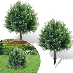 Artificial Cedar Christmas Topiary Ball Trees with Ground Spike, 2 Pack UV Resistant Artificial Shrubs Bushes, Fake Plants for Outdoor Front Porch Garden Decor