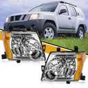 Headlight Assembly Pair Compatible with Nissan Xterra 2005-2015, Factory-OE-Style Halogen Headlamp Replacements for 26010-EA025 26060-EA025, w/o Bulb, White Housing Clear Lens Yellow Corner