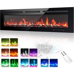 EUHOMY 50 Inch Electric Fireplace Wall Recessed and Wall Mounted with Adjustable Flame Color, Fireplace Heater with Remote Control, Linear Fireplace with Timer, Touch Screen, Log & Crystal, 750/1500W