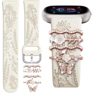 Wildflower Engraved Bands Compatible with Fitbit Sense 2, Versa 4/3, Sense Band with Charms, Soft Silicone Replacement Wristbands Strap with Cute Decorative Rings Accessories for Women (Starlight Band + Rosegold Butterfly Charms)