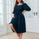 SCOMCHIC Women Plus Size Midi Dresses Puff Short Sleeve Square Neck Wedding Guest Elegant Flowy Belted A Line Dress