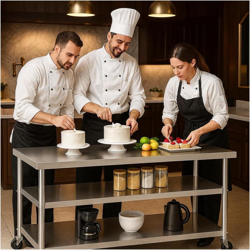 Stainless Steel Table with Wheels for Food Preparation and Work, Multi-Size Optional, Three-Layer Variable Two-Layer Metal Commercial Workbench Outdoor, Restaurant, Kitchen (60" Lx24 Wx34 H)