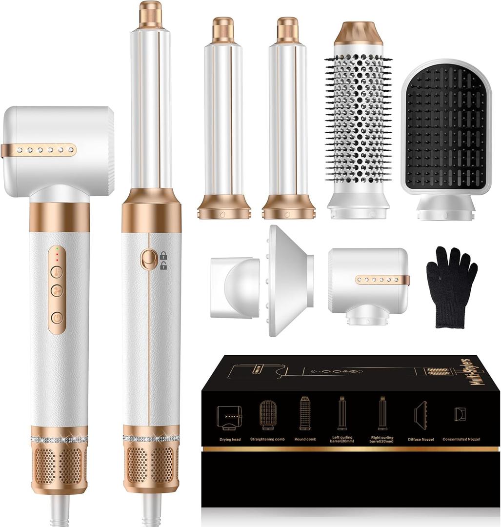 Blow Dryer Brush 7 in ONEAutowrap Curling Wand, 110,000 RPM High-Speed Negative Ionic Hair Dryer with Diffuser Concentrator, Round Brush Blow Dryer Air Styler, Volumizing Hair Styling Tools (White Gold)
