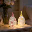 WDS WONDROUS Light Up Easter Decorations Bunny and Egg Figurines Set, LED White Easter Spring Home Decor, Ceramic Rabbit Egg Sculpture for Farmhouse Tabletop Centerpiece Wedding Gifts 2PCS