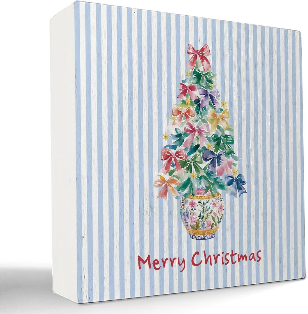 kunlisa Chinoiserie Christmas Tree Wooden Sign, Preppy Christmas Decor, Coquette Colorful Bow Xmas Tree Grandmillennial Wood Box Sign for Home Office Desk Tabletop Shelf Wall Decorations, 5x5 Inch