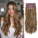 FESHFEN Clip in Hair Extensions for Women - 4 Pcs Thick Double Weft Long Wavy Soft Synthetic Blends Well Hair Extension, 20 inch Golden Brown & Blonde