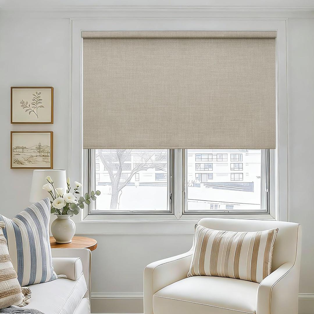 Oatmeal 100% Blackout Roller Shades for Window Room Darkening Thermal Insulated UV Protection Cordless Free-Stop Window Blinds for Bedroom Home Office Door Protect Privacy 50" W x 72" H