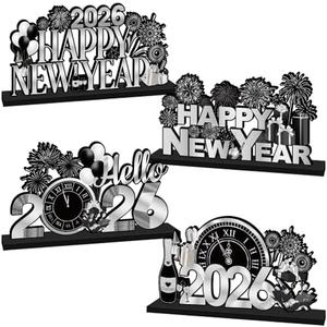 4Pcs New Years Decorations 2026 Wooden Table Decorations Black Silver New Years Eve Party Supplies 2026 Happy New Year Table Centerpieces for Nye decorations 