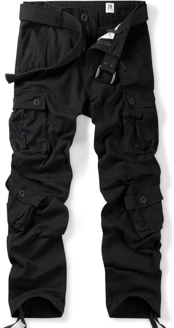OCHENTA Men's Cotton Casual Cargo Work Pants Baggy Camo Tactical Combat Trousers with 8 Pockets (No Belt) (32, #3357 Black)