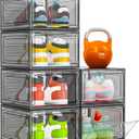 Thicken & Sturdy Clear Shoe Storage Organizer with Magnetic Door, Stackable Boxes for Closet, Foldable Shoe Rack for Sneaker Boot Container, Plastic Shoe Cabinet Shoe Box 6 Pack, Black