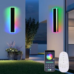 MELUCEE 2 Packs 24in Long Outdoor RGB LED Wall Lights, 5.1in Wide Exterior Wall Light Fixtures Black Dimmable Long Strip Wall Sconce with Remote Control for House Garage Patio Porch, IP65 Waterproof