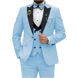 Mens Tuxedo Suits Slim Fit 3 Piece Wedding Prom Party Business Blazer Double Breasted Vest and Pants with Bow Tie (XX-Large, Light Blue)