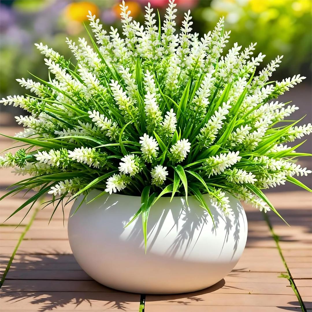 Geegoods Artificial Plants Flowers Outdoor  24 Bundles UV Resistant Faux Lavender Flowers with Monkey Grass for Garden Porch Window Patio Hanging Planter Decor (White)